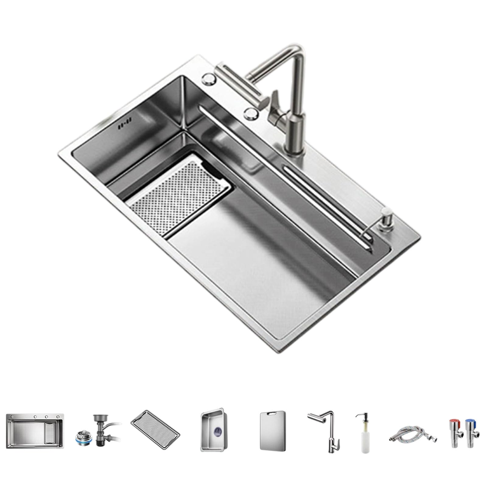 Évier cuisine une cuve inox avec robinet extractible et accessoires