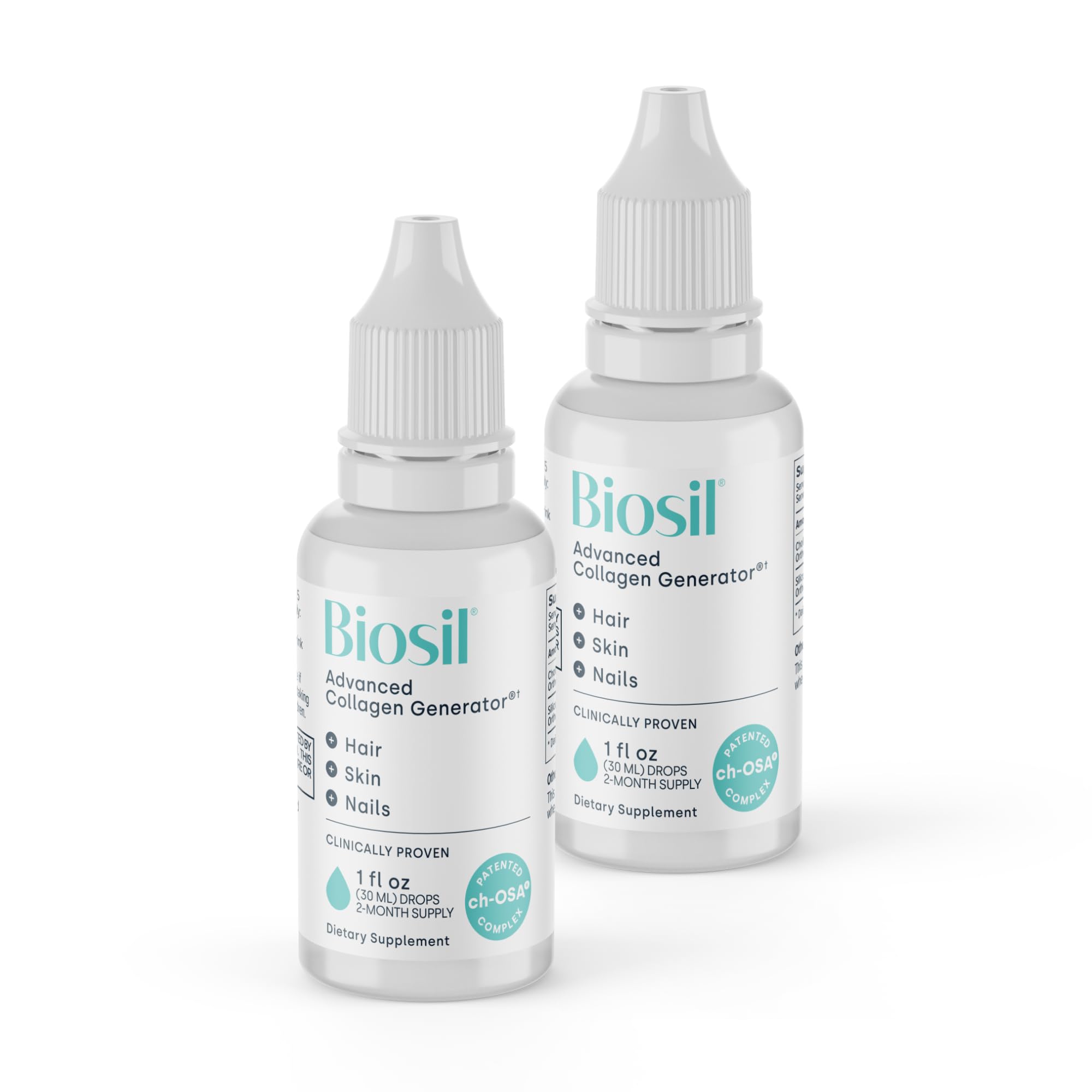 Biosil Collagen Booster Supplement - 1 fl oz Drops, Pack of 2 - Patented ch-OSA Activator for Skin, Hair, Nails & Joints - Supports Natural Production - 120-Day Supply