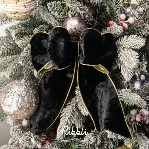 Image of Ribbli Black Velvet Wired Ribbon 4 Inch Metallic Black Gold Crushed Velvet Christmas Ribbon for Gift Wrapping Christmas Tree Decoration Crafts Wreaths Supplies-Continuous 10 Yards