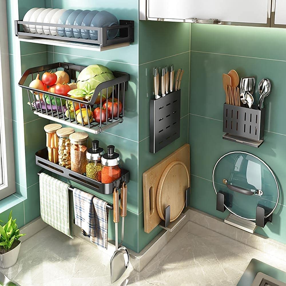 Obst- und Vetablekorb aus Metall zur Wandmontage, Slish Black Kitchen Sto Rack, Abtropfhalter für Obst & V, perfekt für Zuhause und Badezimmer
