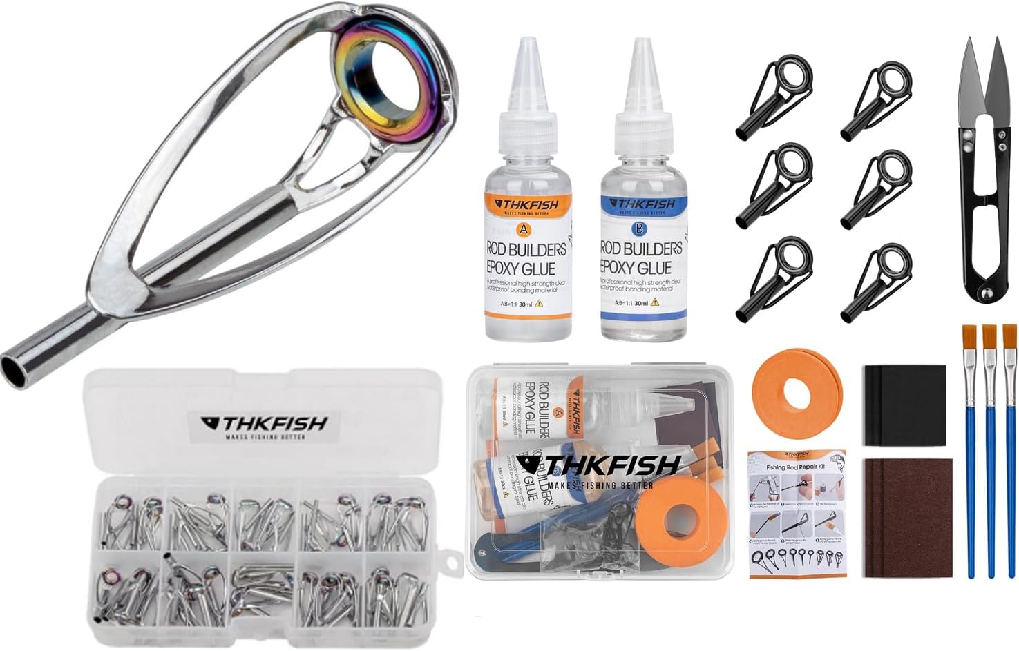 THKFISH Fishing Rod Tip Repair Kit or Rod Guides with Glue, Fishing Pole Tips Replacement Kit for Fishing Pole Tip with Rod Guides, Epoxy Glue, Wrapping Thread and Tape