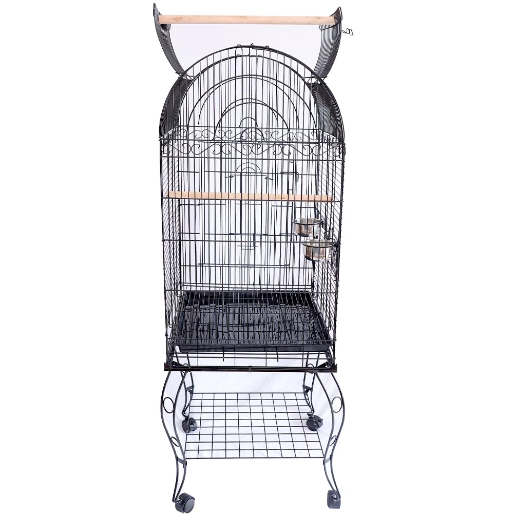 BAKAJI Gabbia Voliera per Uccelli, Pappagalli Inseparabili, Parrocchetti, Volatili con Carrello e Tetto Apribile in Metallo e Legno Nero Gabbietta con Posatoi e Ruote con Blocco, 59 x 59 x 150 cm