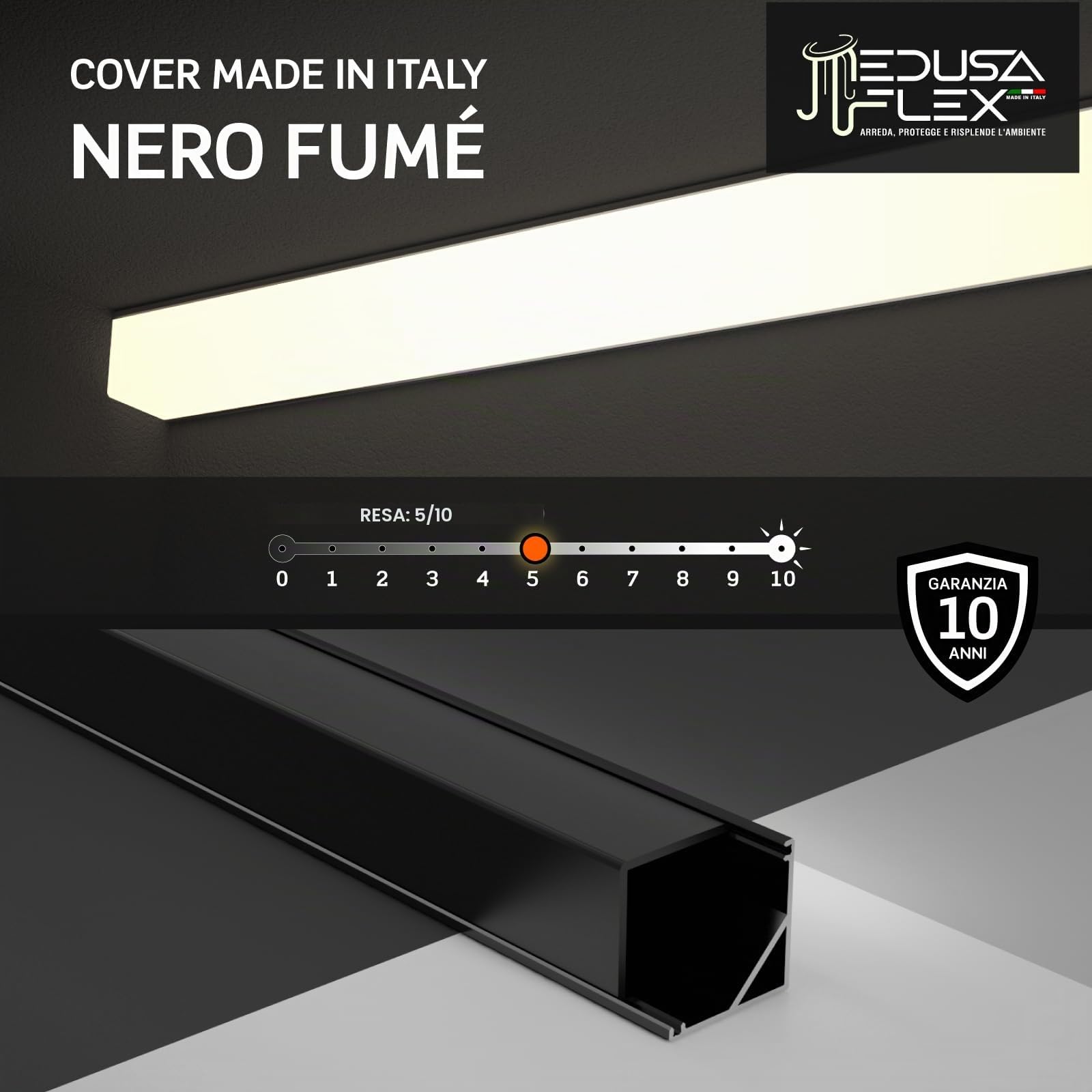 Profilo Alluminio Nero Angolare per Strisce LED con copertura Professionale Nera Made in Italy MedusaFlex CUBO in Policarbonato - Pacco da 5 (10m) 2000 x 15.8 x 15.8mm - Cover standard nera inclusa