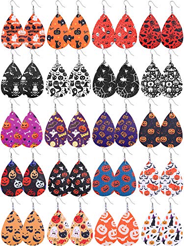 20 Pairs Halloween Faux Leather Earrings Layered Leather Teardrop Drop Earrings Pumpkin Skull Spider Print Gifts for Women