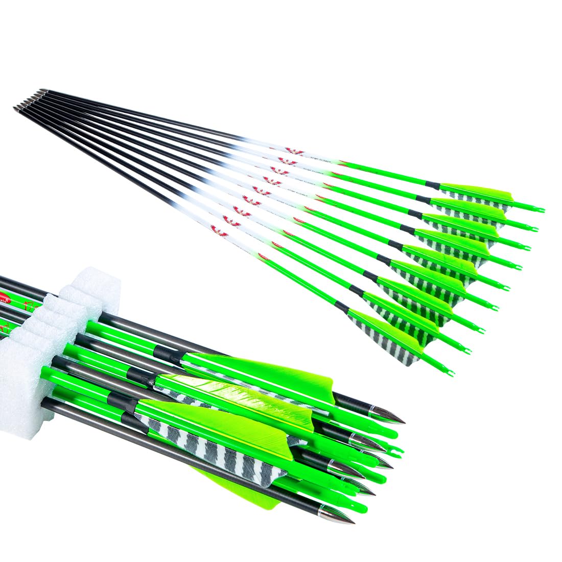 QunYing 300 340 400 500 600 Spine Traditional Archery Carbon Feather Arrows 31 Inch for Recurve Compound Bow Longbow Hunting Targets Arrow 12PCS Green 500