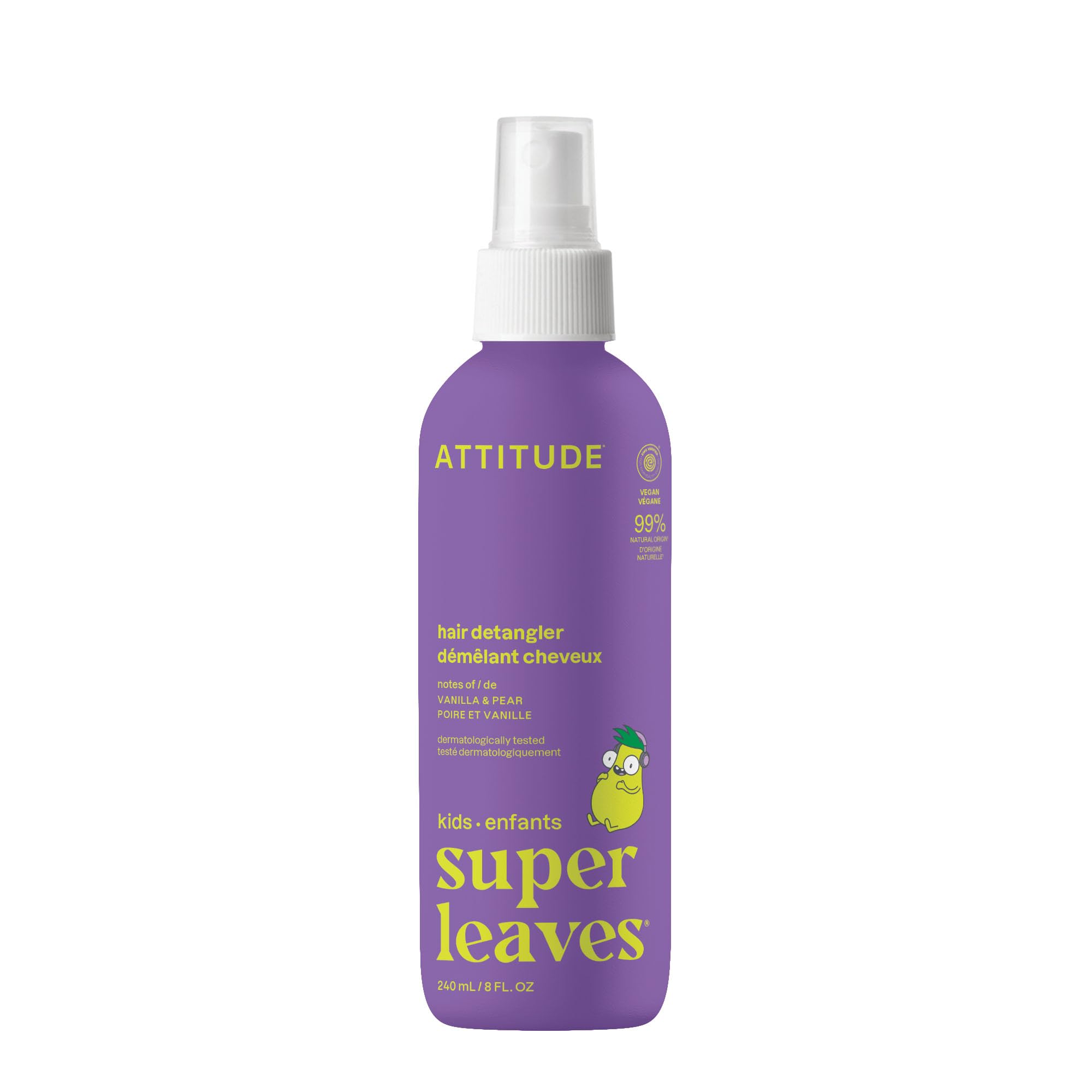 ATTITUDE Rinse-free Hair Detangler Spray for Kids, EWG Verified Leave In Product, Plant- and Mineral-Based Ingredients, Vegan, Vanilla and Pear, 240 mL