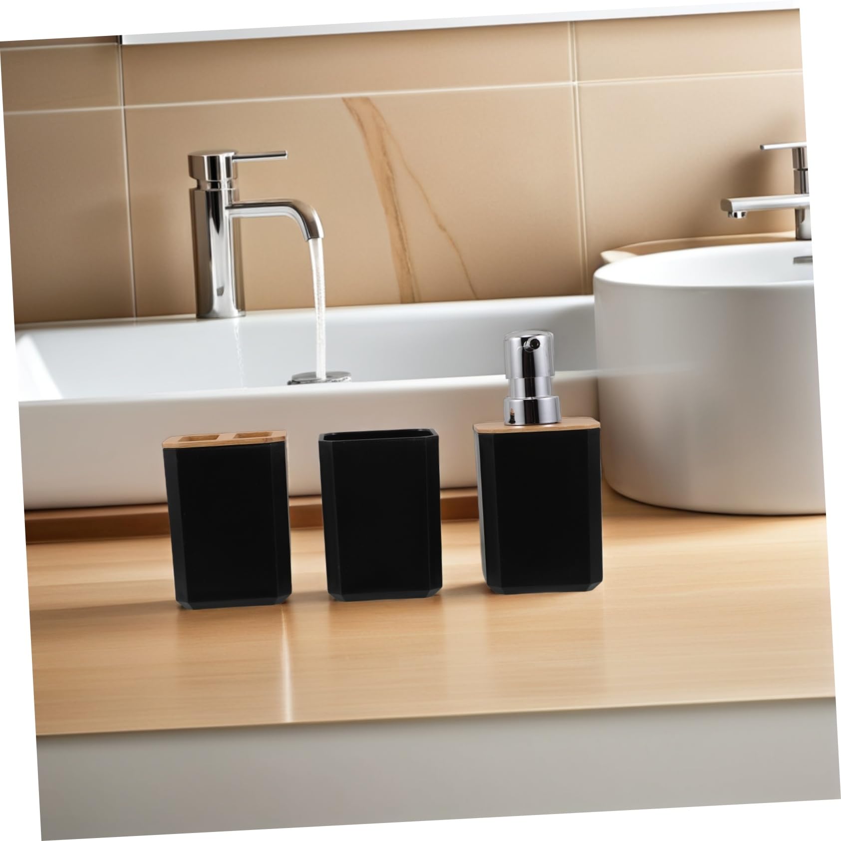 Baño de Bambú Set de Baño Incluye Vaso para Cepillo de Dientes Dispensador de Jabón Líquido de Casa o Hotel Juego Accesorios