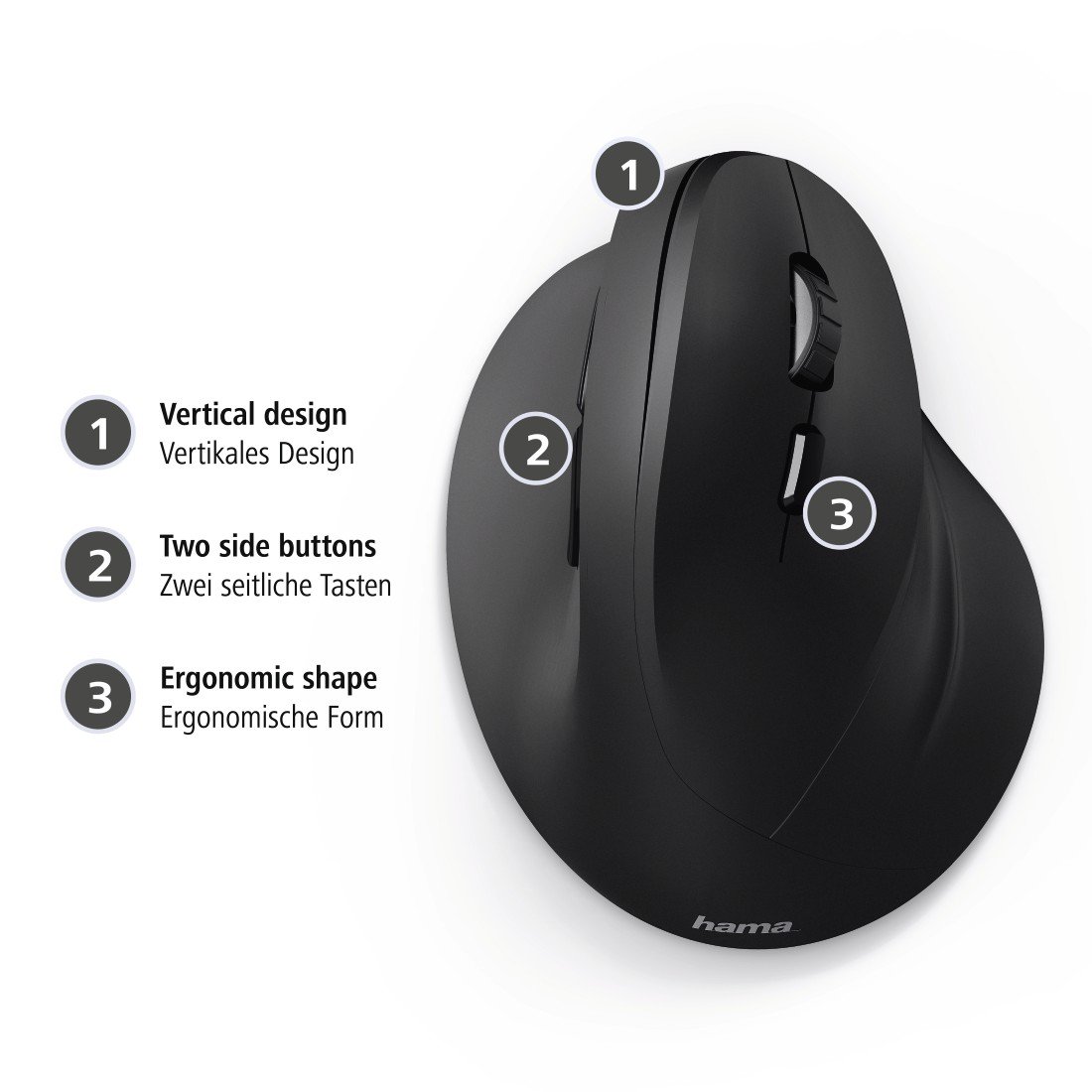 Hama Souris Verticale Ergonomique Filaire 6 Boutons, Droitiers, Noir | Souris USB A Anti Douleur Poignet PMR Prévention TMS, DPI 1800 réglable 1800, Idéal Bureautique Travail Informatique