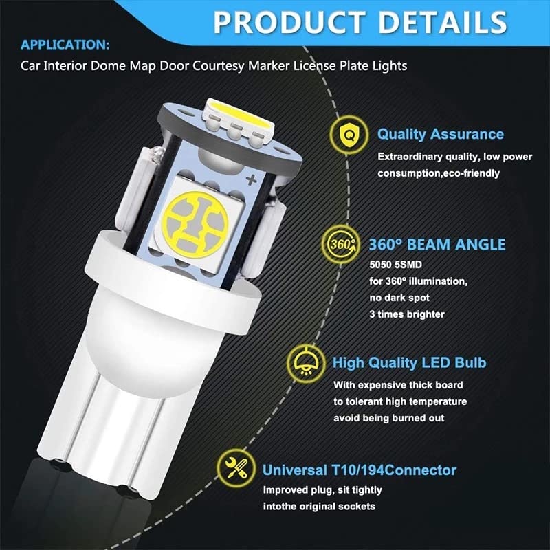 10 Lampadine LED W5W T10 - Luce Bianca 6500K Per Interno E Targa