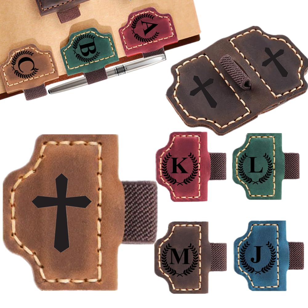 Custom Bookmark with Pen Holder with 26 Letters Personalized Magnetic Leather Book Mark, Customized Name Book Marker Clip with Initial for Men Women, Gifts for Book Lovers, Readers (Brown, Cross-1)