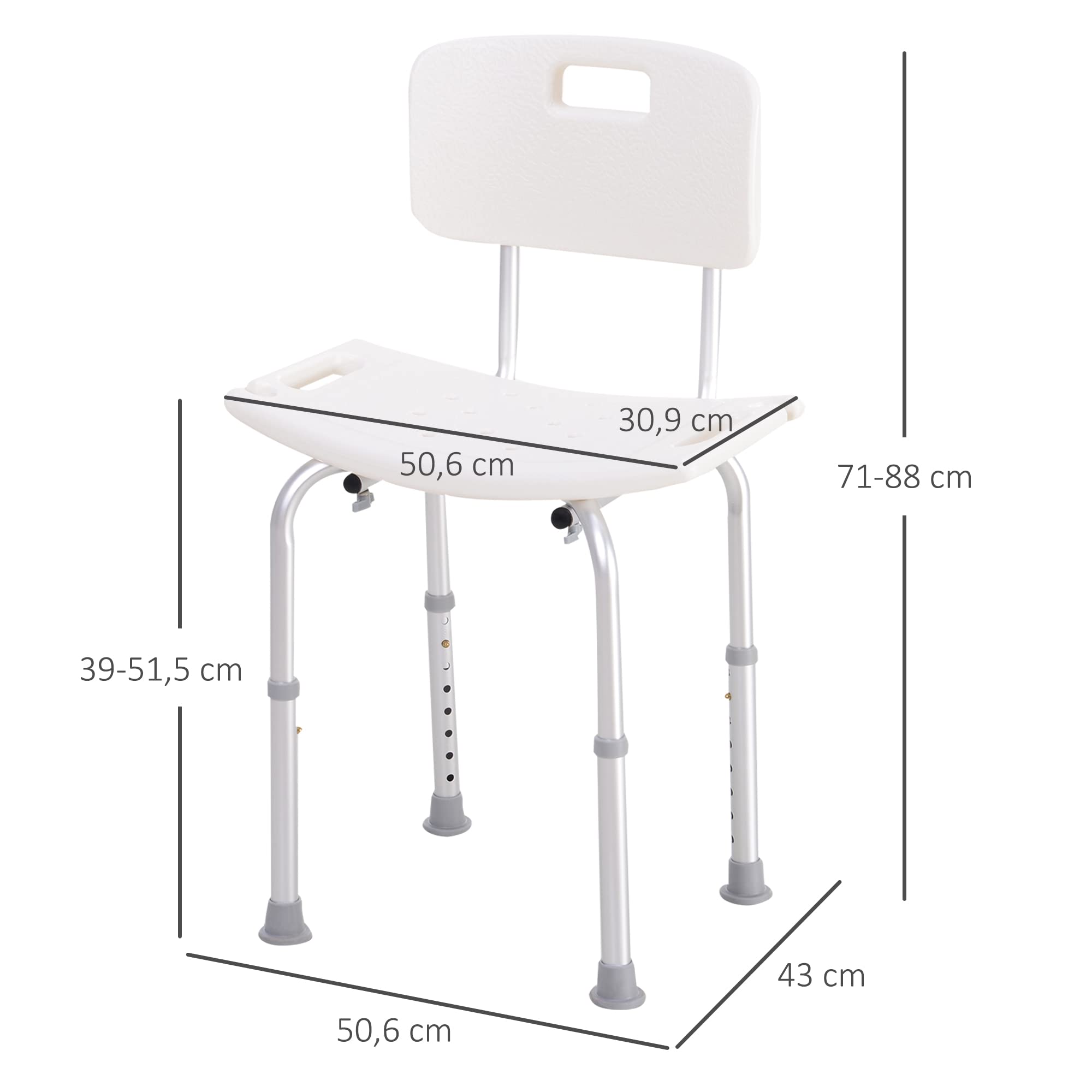 HOMCOM Krzesło prysznicowe Ergonomiczne siedzisko prysznicowe Regulowana wysokość Antypoślizgowe nóżki Maksymalne obciążenie. 136 Kg alu HDPE Biały