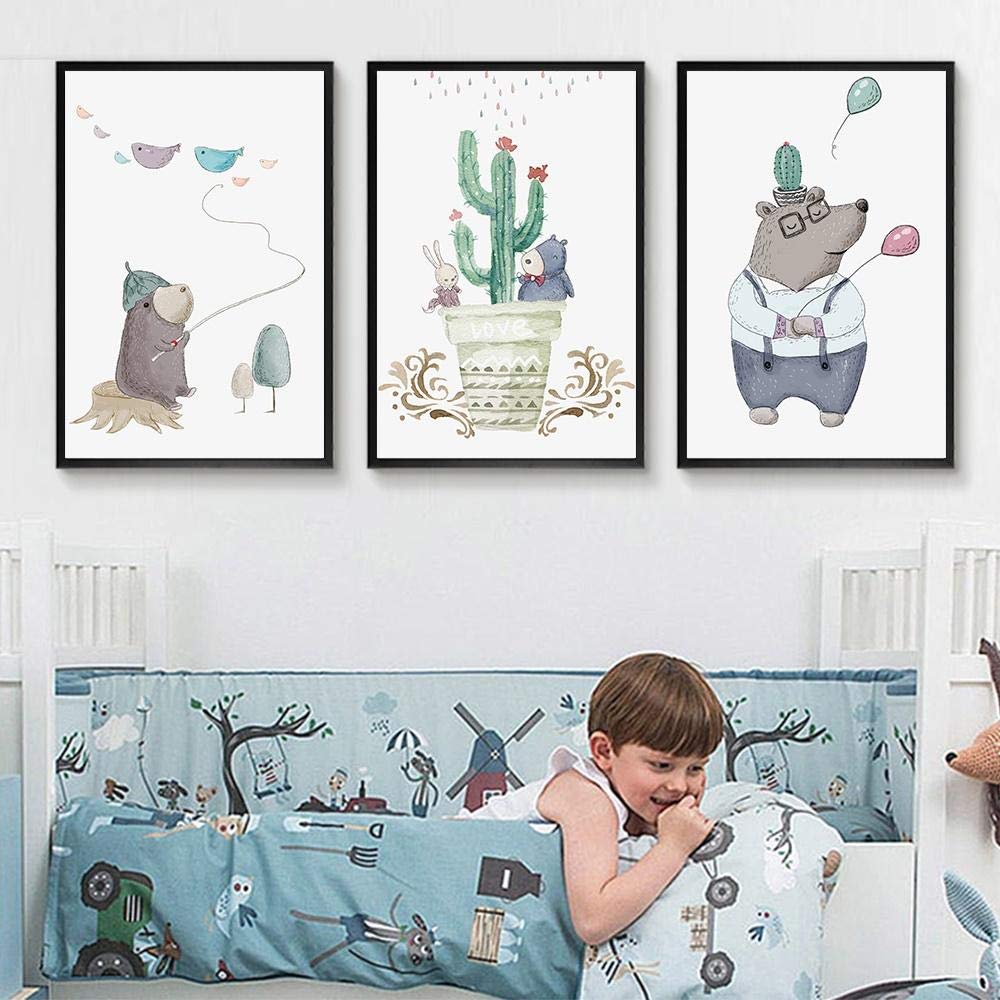 Cameretta Neonato Complementi Arredo Casa Simpatico Cartone Animato Orso Bruno Stampa Pittura Cactus Immagine Arte Della Parete Su Tela Poster Per Bambini Camera Dei Bambini 50 * 70 cm Incorniciato