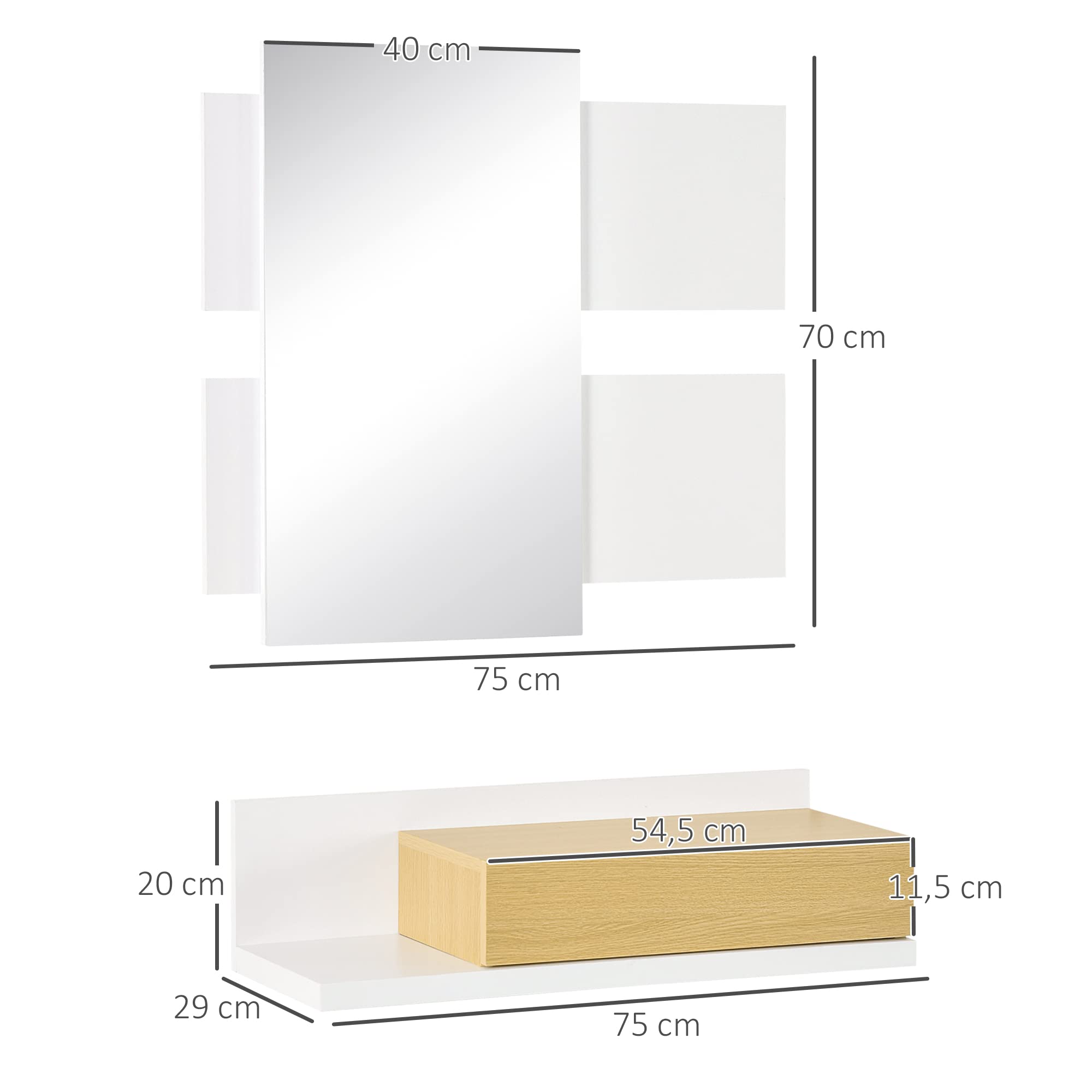 HOMCOM Juego de Muebles de Entrada Recibidor con Espejo y Cajón Estilo Moderno Recibidor Colgante para Pasillo 75x4x70 cm y 75x29x20 cm Blanco