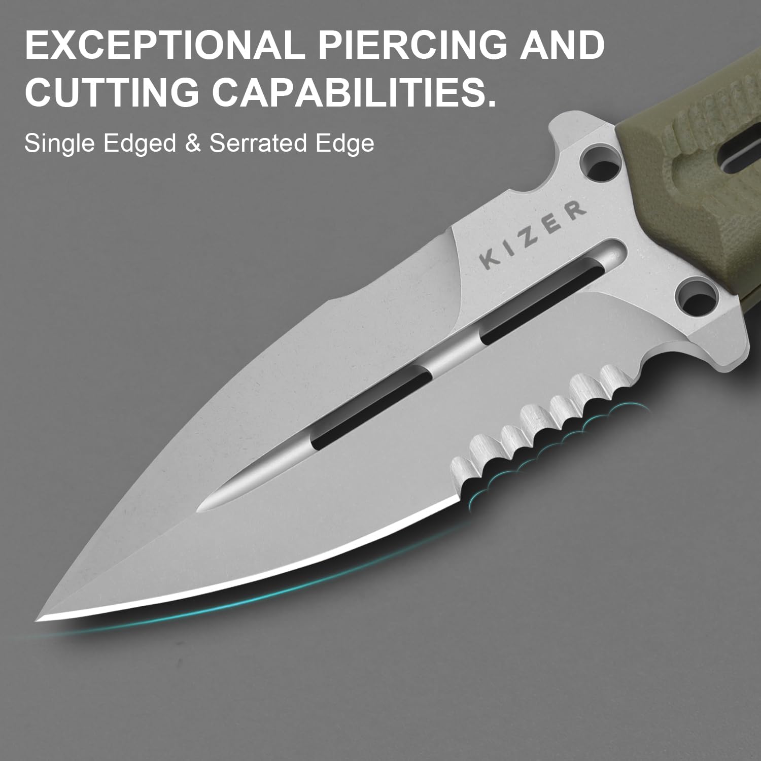 Kizer NORCROSS Fixed Blade Knife, 4.09" Single Edge Nitro V Blade Tactical Knife with Glass-Breaker & Tritium Vial Slot, Hunting Knives with Olive Green 3D Biomimetic G10 Handle & Sheath, ZX-FB01A4