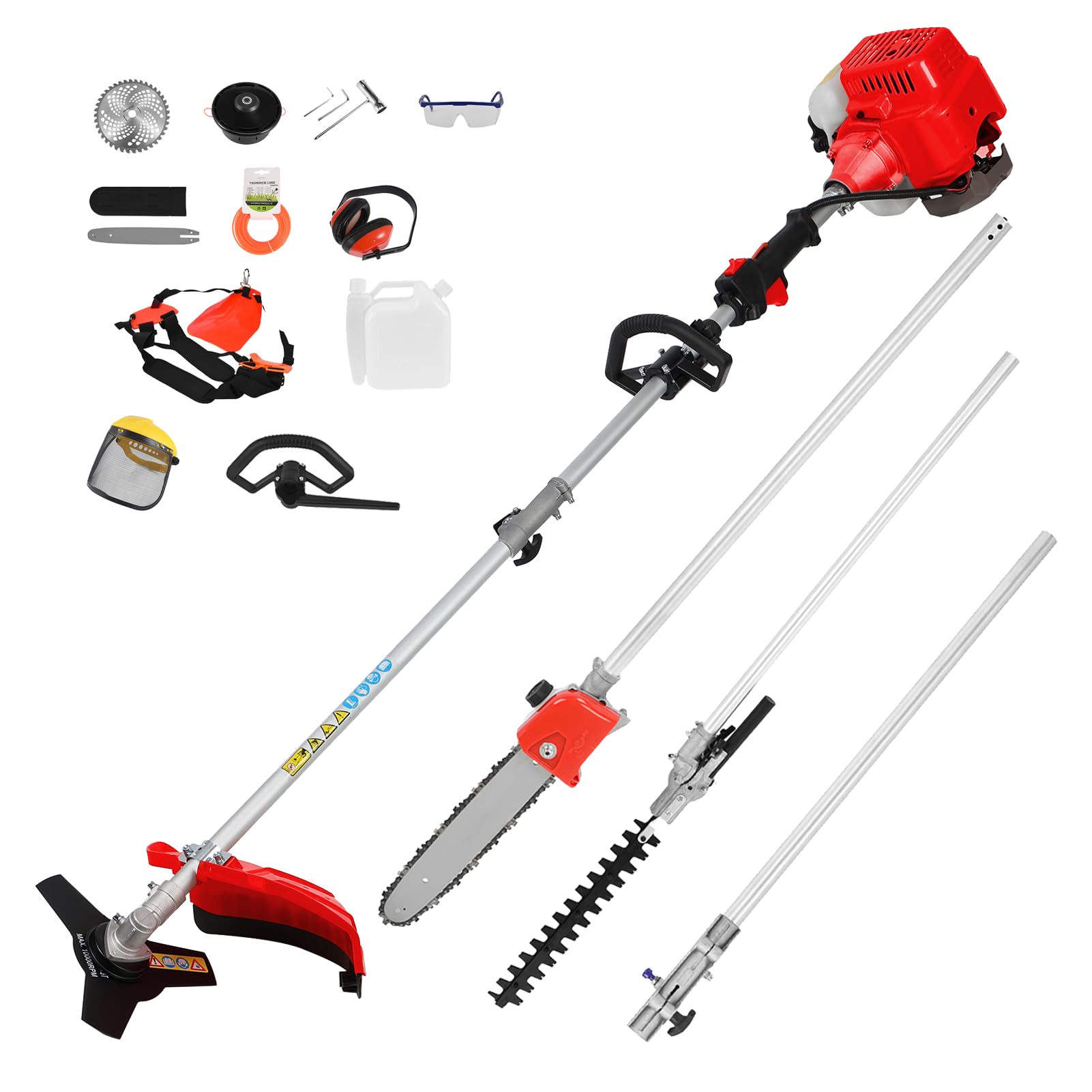 52CC Petrol Grass Strimmer Cordless, Garden Brush Cutter, Extendable Hedge Trimmer, Pruner Chainsaw, 134cm Extension Pole, 2-Stroke Lawn Strimmer