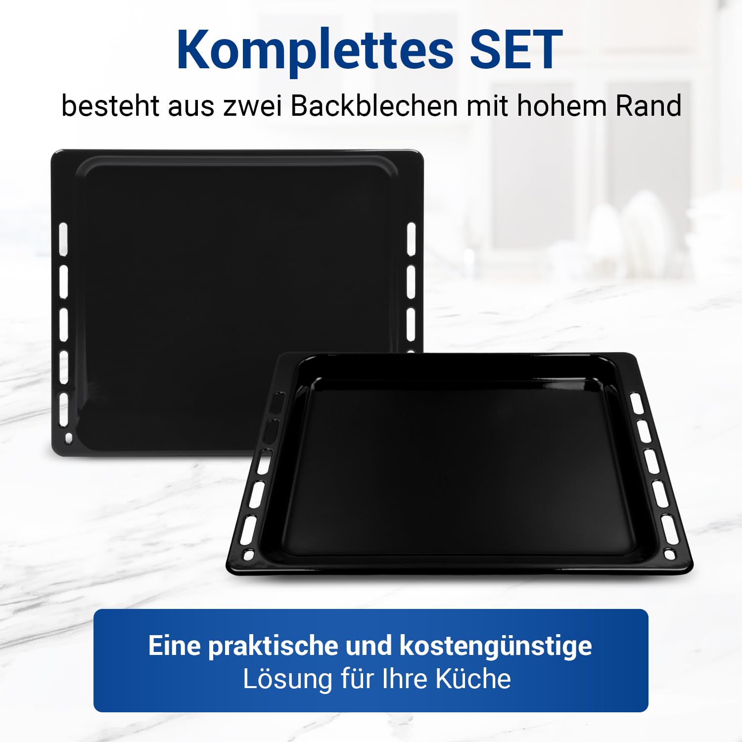 VIOKS Set 2x Tiefes Backblech 45x37 cm / 445x375 mm Ersatz für Whirlpool Bauknecht Fettpfanne Backofen - Ofen Baking Tray & Backblech Tief Emailliert