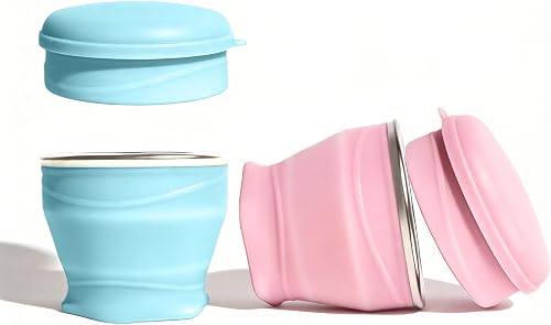 Collapsible Travel Cup with Lid (6oz/180ml) - BPA Free Silicone Folding Cup with Stainless Steel Rim - Portable Pocket Cup for Mouthwash, Pills, Hiking, Camping & Kids(Blue & Pink)