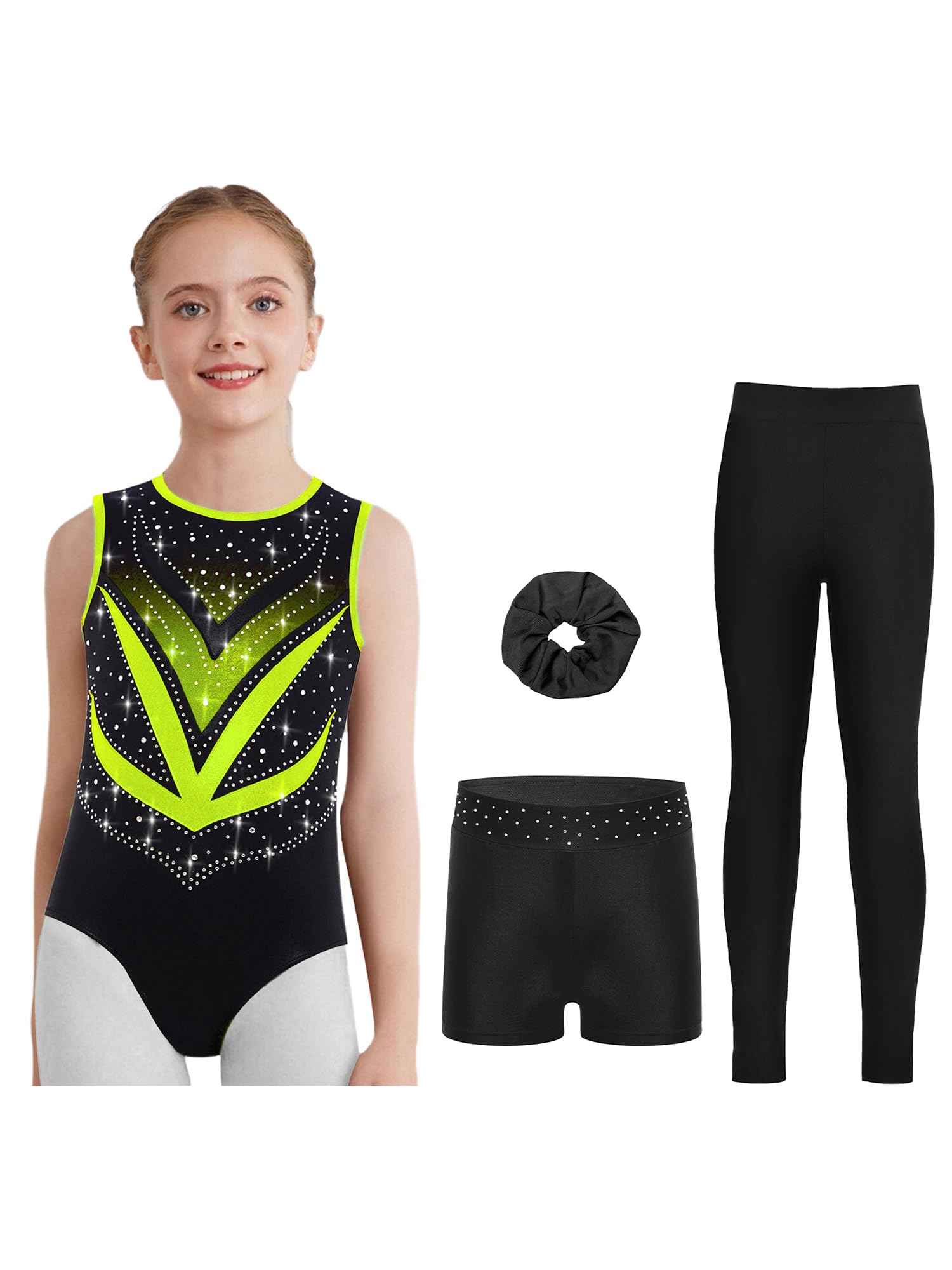 Pezzi Tutu Da Ginnastica Per Bambina Scintillante Tutu Da Ginnastica Con Pantaloncini Shorts Fazzoletto Per Capelli Leotard Da Da Maglia Da Per Competizioni Verde fluorescente 5-6 anni