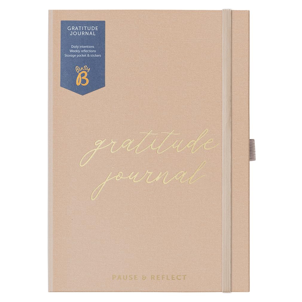 Busy B A5 Undated Gratitude Journal - Space for Daily Intentions, Weekly Reflections To Inspire Mindful Moments - With Notes, Storage Pocket & Stickers - Fabric Caramel Cover