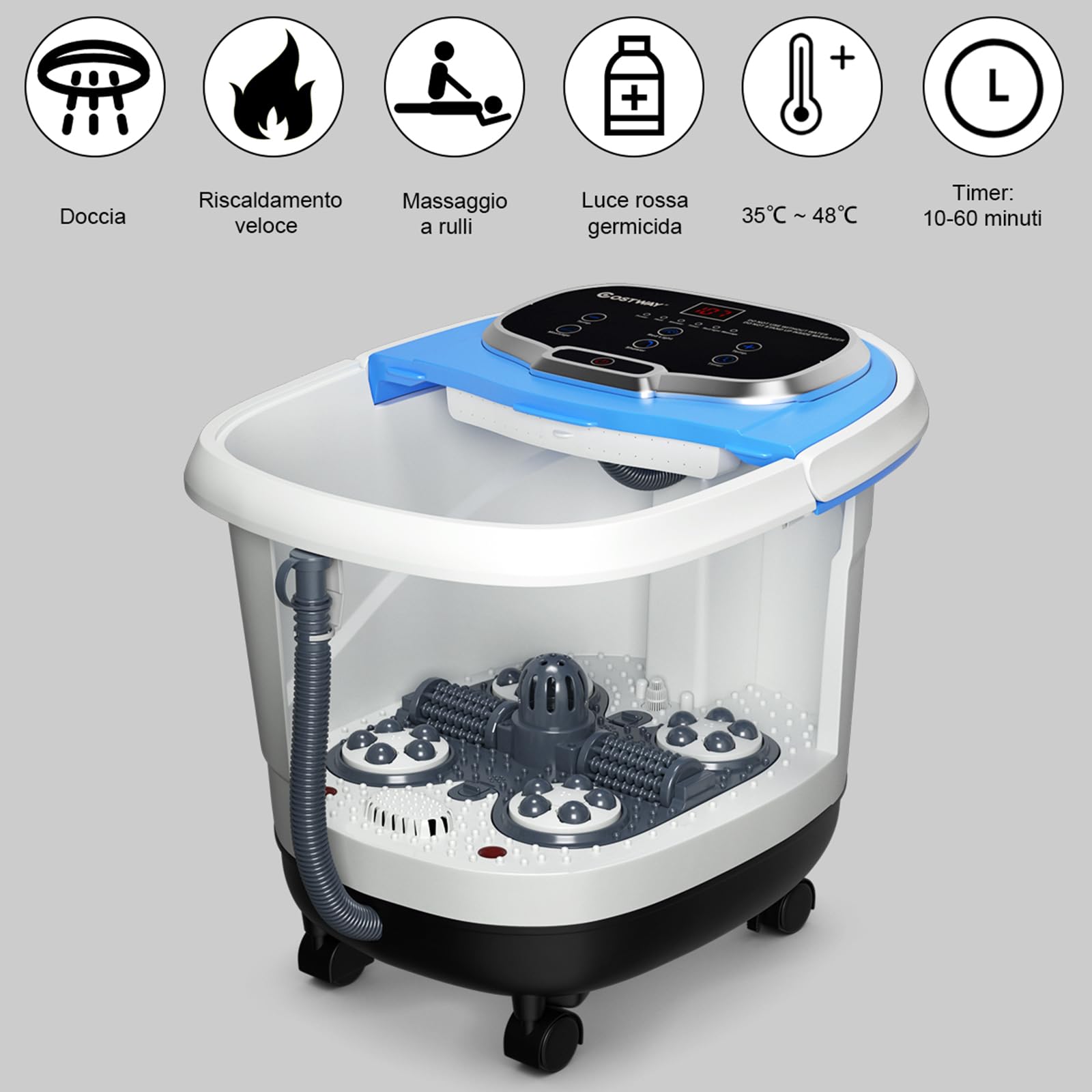 COSTWAY Idromassaggio per Piedi, Pediluvio Massaggiatore Plantare Massaggio Shiatsu, con Funzione Calore Timer e Rulli Luce a Infrarossi, Idromassaggiatore 15L (Blu)