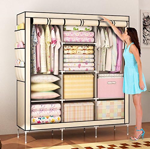 Portable Clothes Closet Non-Woven Fabric Wardrobe Storage Organizer (Color: Beige-51 Length x 18" Width x 69"), Beige