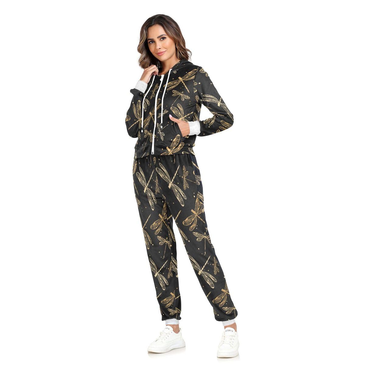 Conjunto deportivo de 2 piezas para mujer, diseño de libélula negra, conjunto deportivo de manga larga, estampado floral