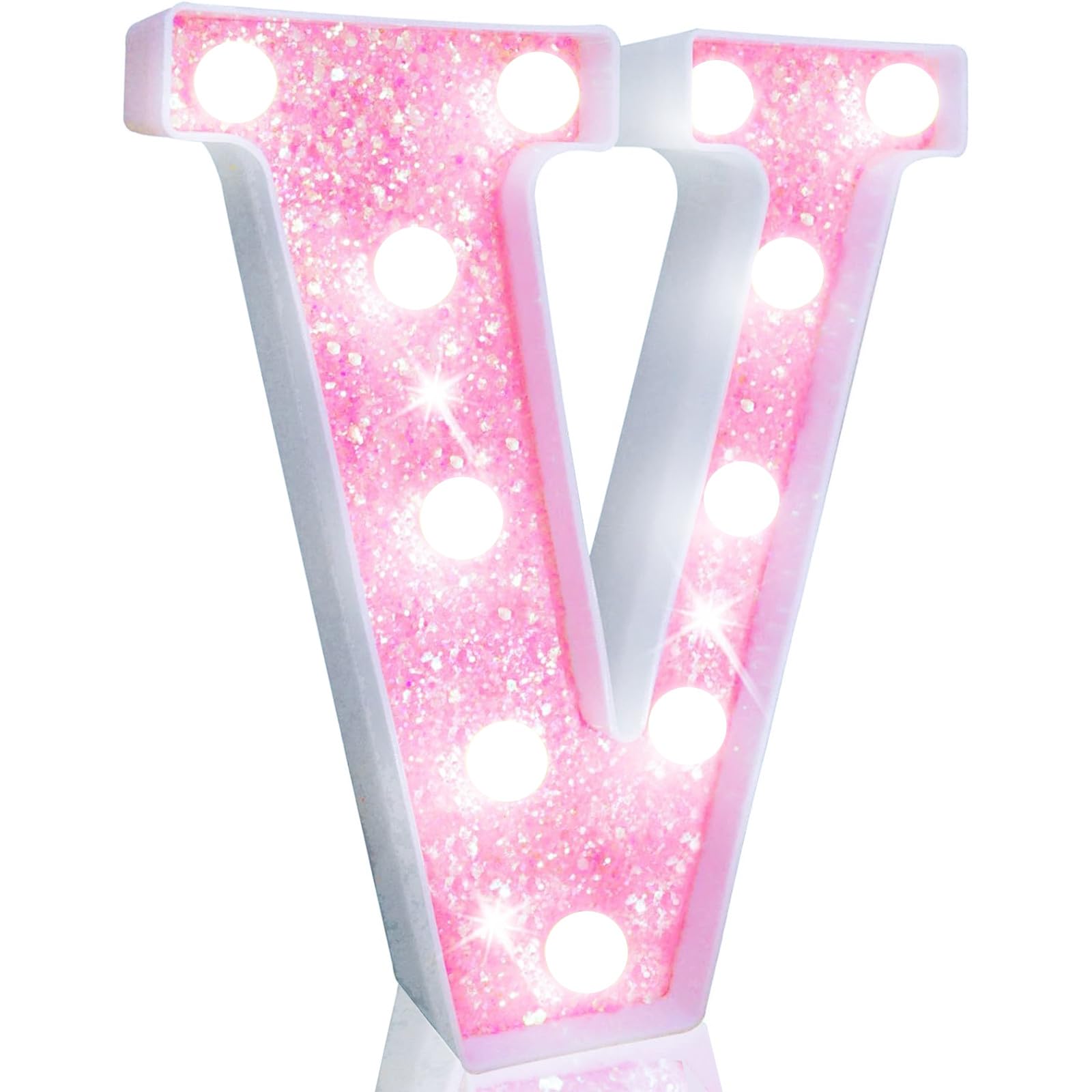 Pooqla LED Marquee Letter Lights, Light Up Pink Letters Glitter Letter Sign for Girls Gifts, Battery Powered for Night Light Birthday Party Wedding Home Bar Christmas Decoration, Cool White Pink V