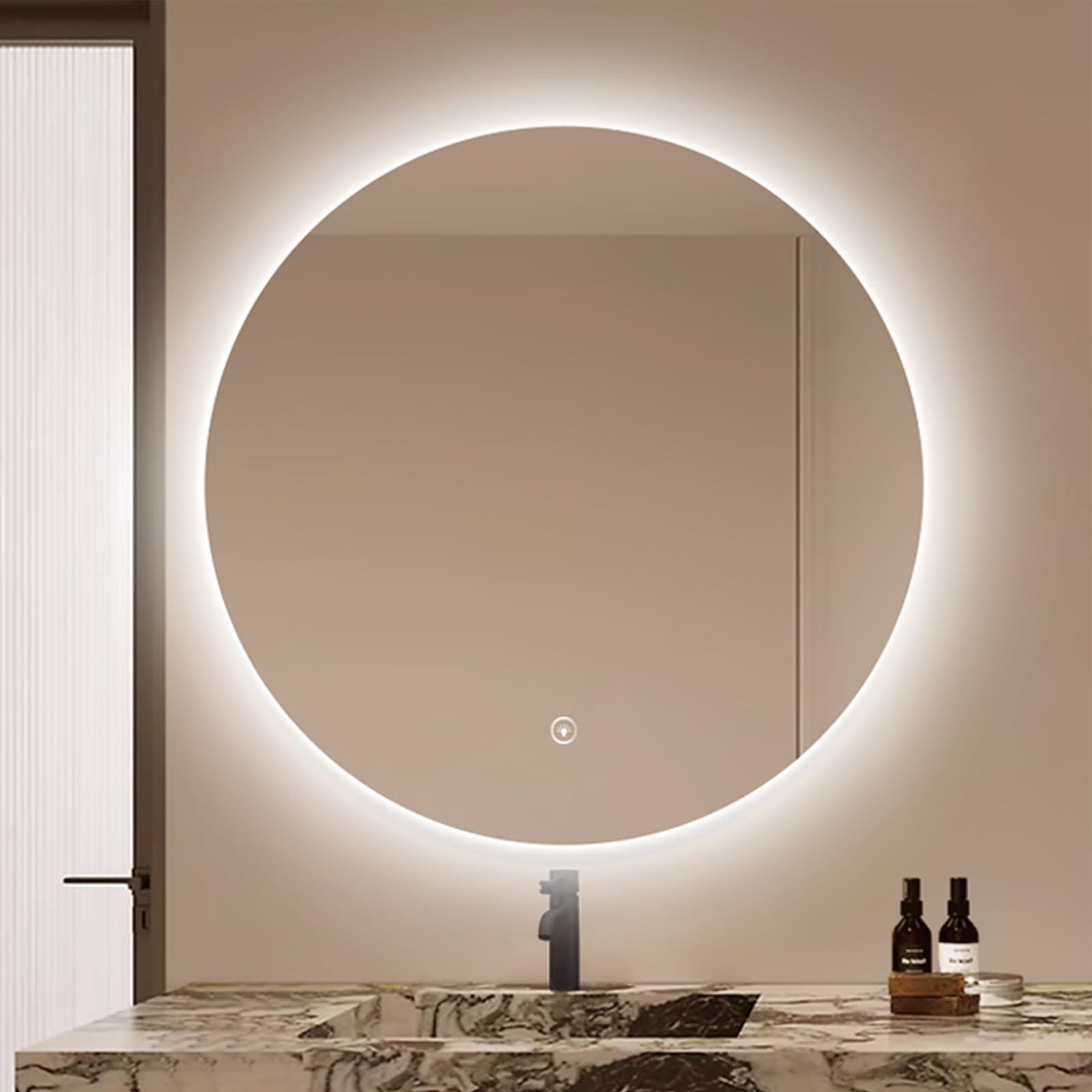 JSLJDM Bathroom MirrorRound Bathroom Mirror, Three Colors of Light,Bathroom Vanity Mirror for Bedroom Bedroom entryway Mantel Hallway Decoration Three-Color Light 80x80cm