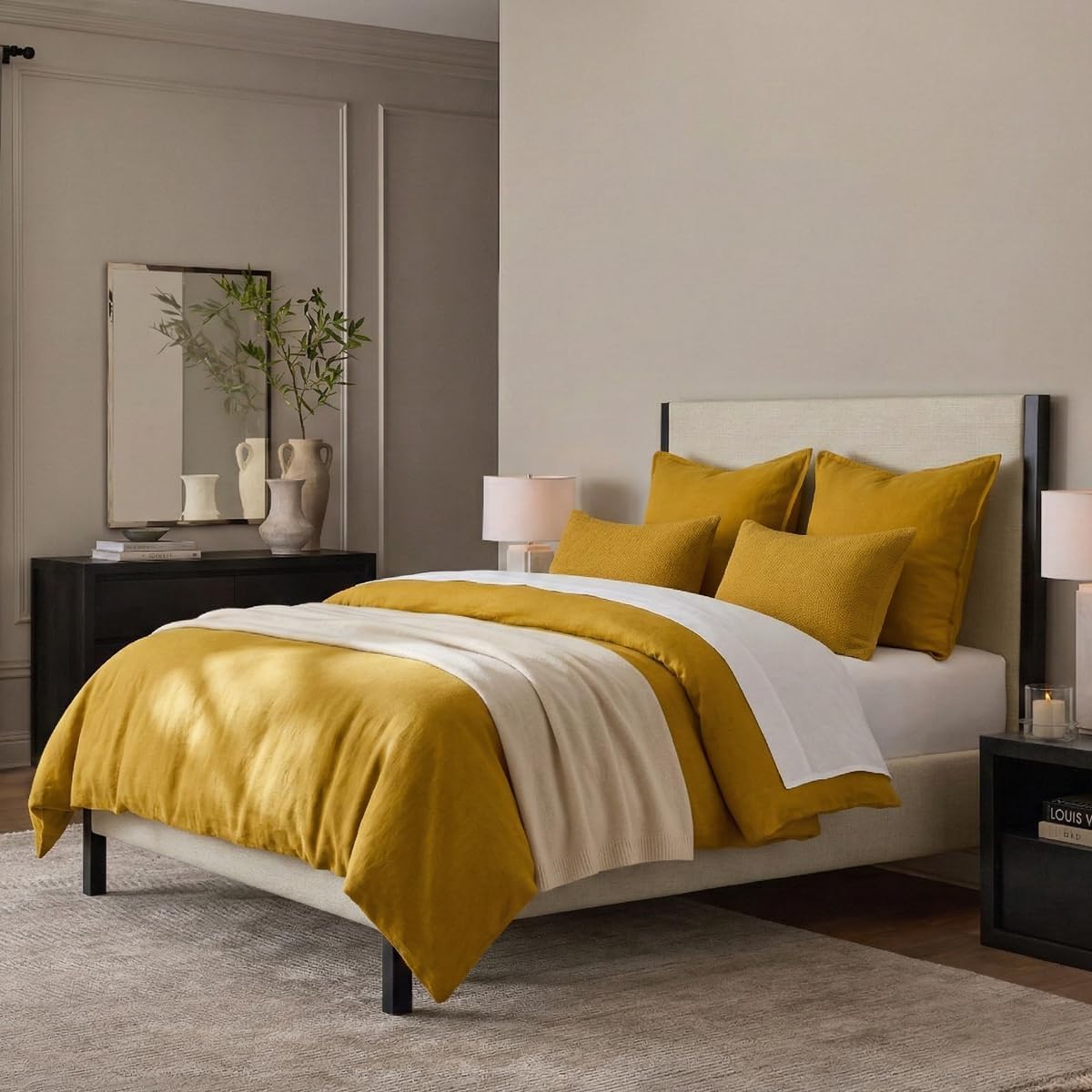 DAUAOTO Linen Blend King Size Duvet Cover Set - 106"x92" Duvet Cover + 2 Shams, 55% Linen 45% Cotton Bedding Sets, Marigold Yellow