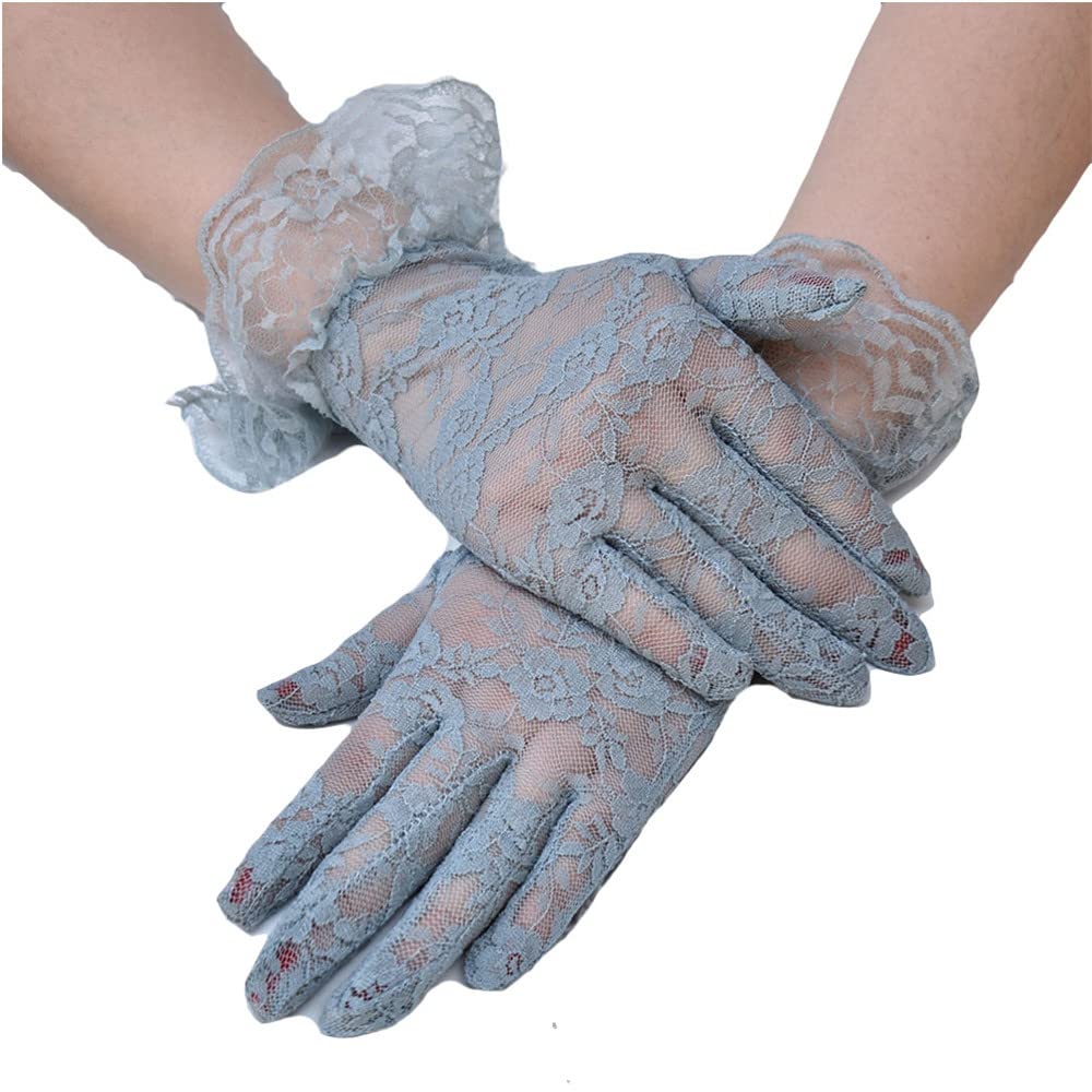 GIVBRO Floral Lace Gloves Short Vintage Opera Wedding Gloves for Fancy Dress Dance Parties Bars Celebration Dress Up Grey-blue