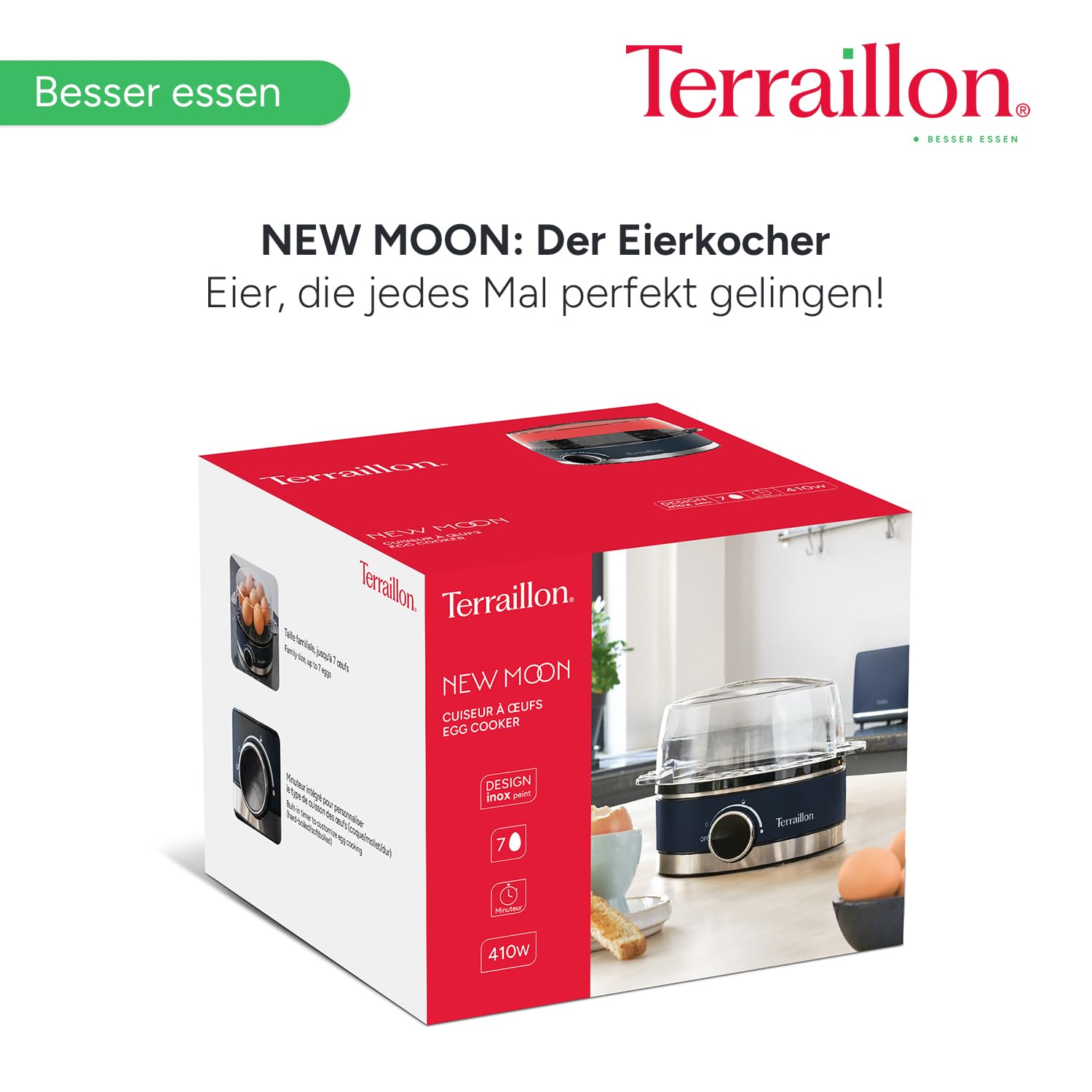 TERRAILLON - New Moon Elektrischer Eierkocher, Kapazität 7 Eier, 410 W, integrierter Timer, integrierter Deckel, Messbecher, Korpus aus lackiertem Edelstahl, Blau