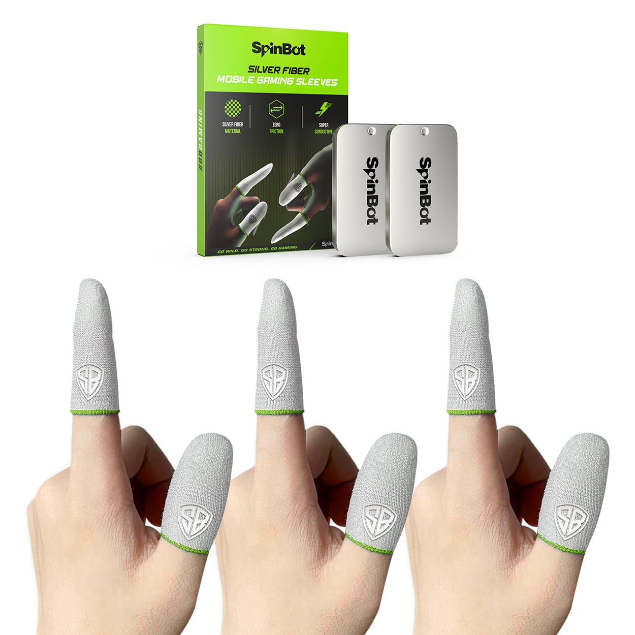 SpinBot Silver Fiber Thumb & Finger Sleeve for Mobile Game (6 Pieces) - PUBG, COD, Free Fire - with Metal Carry Box - Pack of 3 Pair