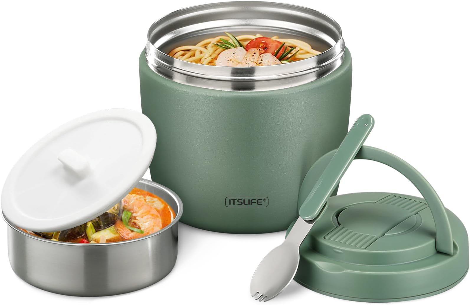 Itslife 32oz Insulated Soup Thermo, Vacuum Stainless Steel Food Jar for Hot & Cold Food, Leakproof Wide Mouth Lunch Container with Spoon, Green