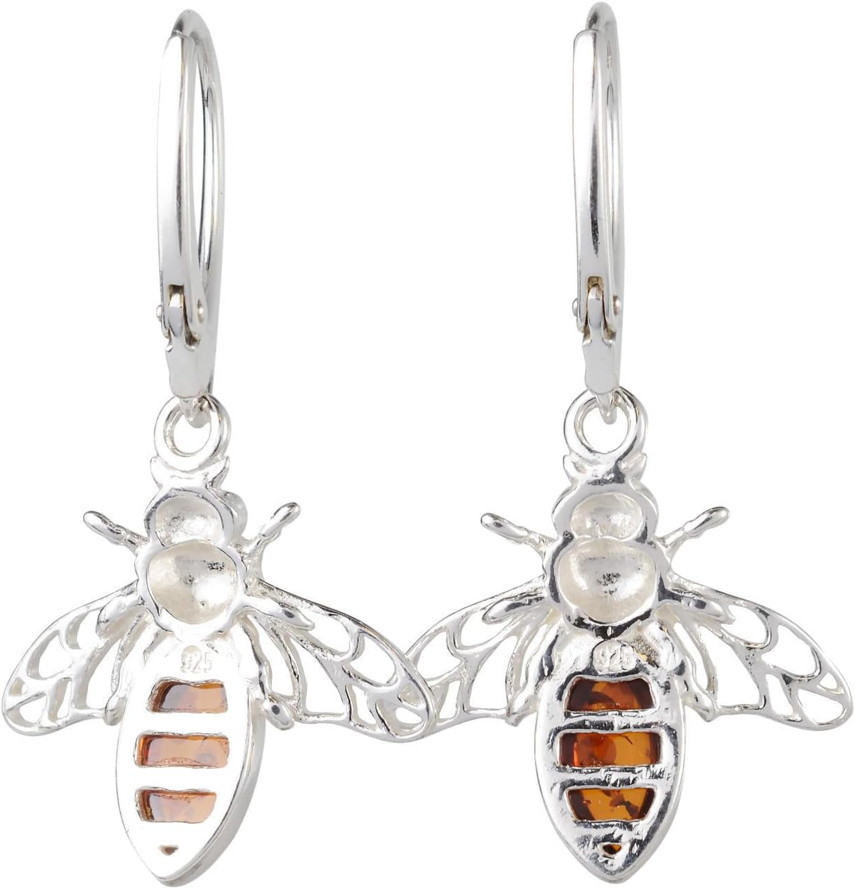 Amber Jewelry for Women - Sterling Silver and Baltic Honey Amber Bumble Bee Earrings, French Leverback Dangle Earrings, Statement Gemstone Earrings