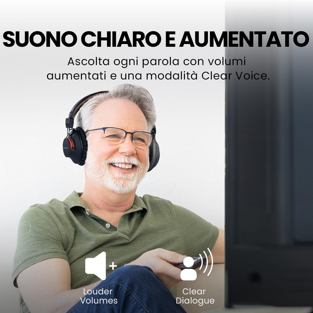 Avantree HT41899 Plus 2 - Cuffie wireless Dual Bluetooth 5.3 per TV con trasmettitore e dock di ricarica, 50 ore di autonomia, aptX Adaptive compatibili con TV (Opt o AUX Out)