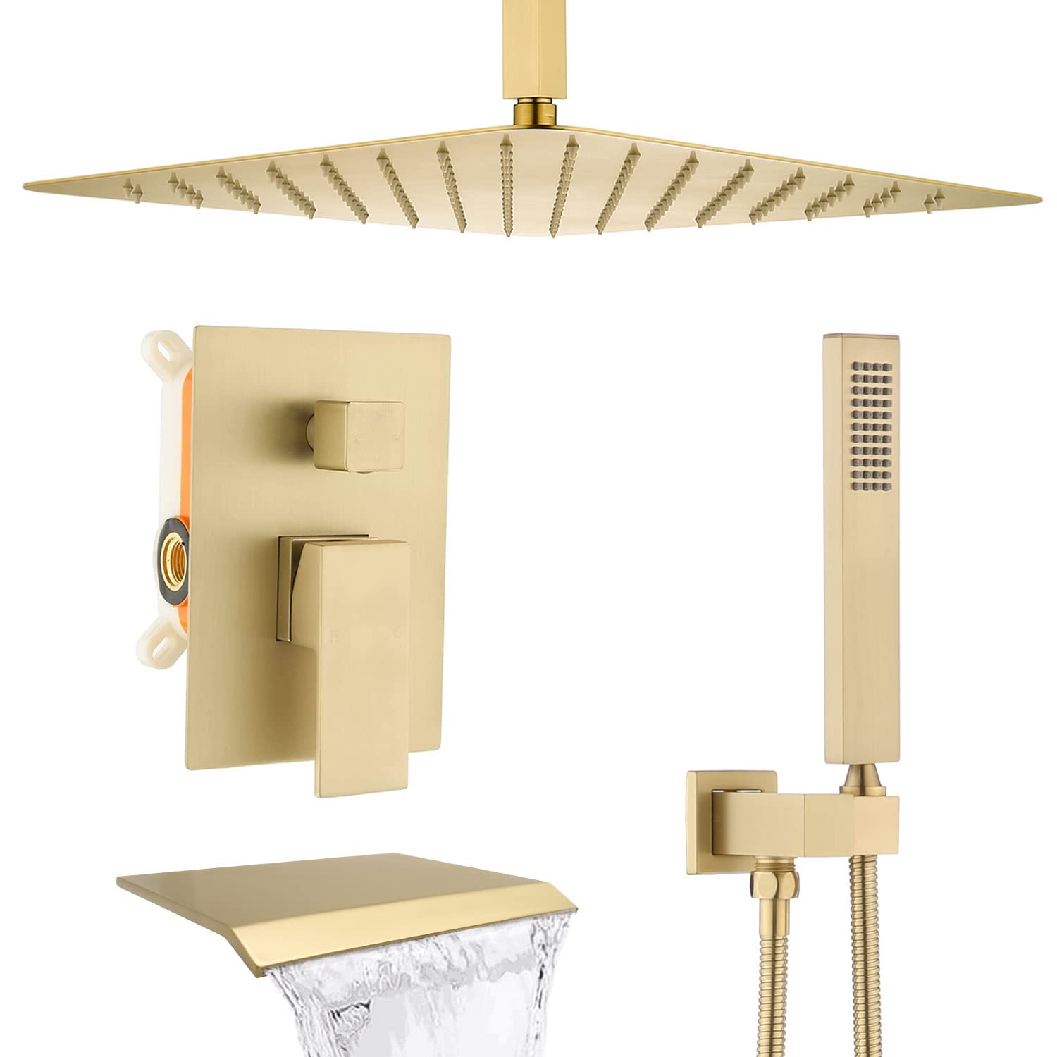 ZYGOLVQ Brushed Gold Shower System with Tub Spout -16" Square Rainfall Showerhead with Handheld Spray,Ceiling Mounted Rainfall Shower Head System, Contain Rough-in Valve and Trim