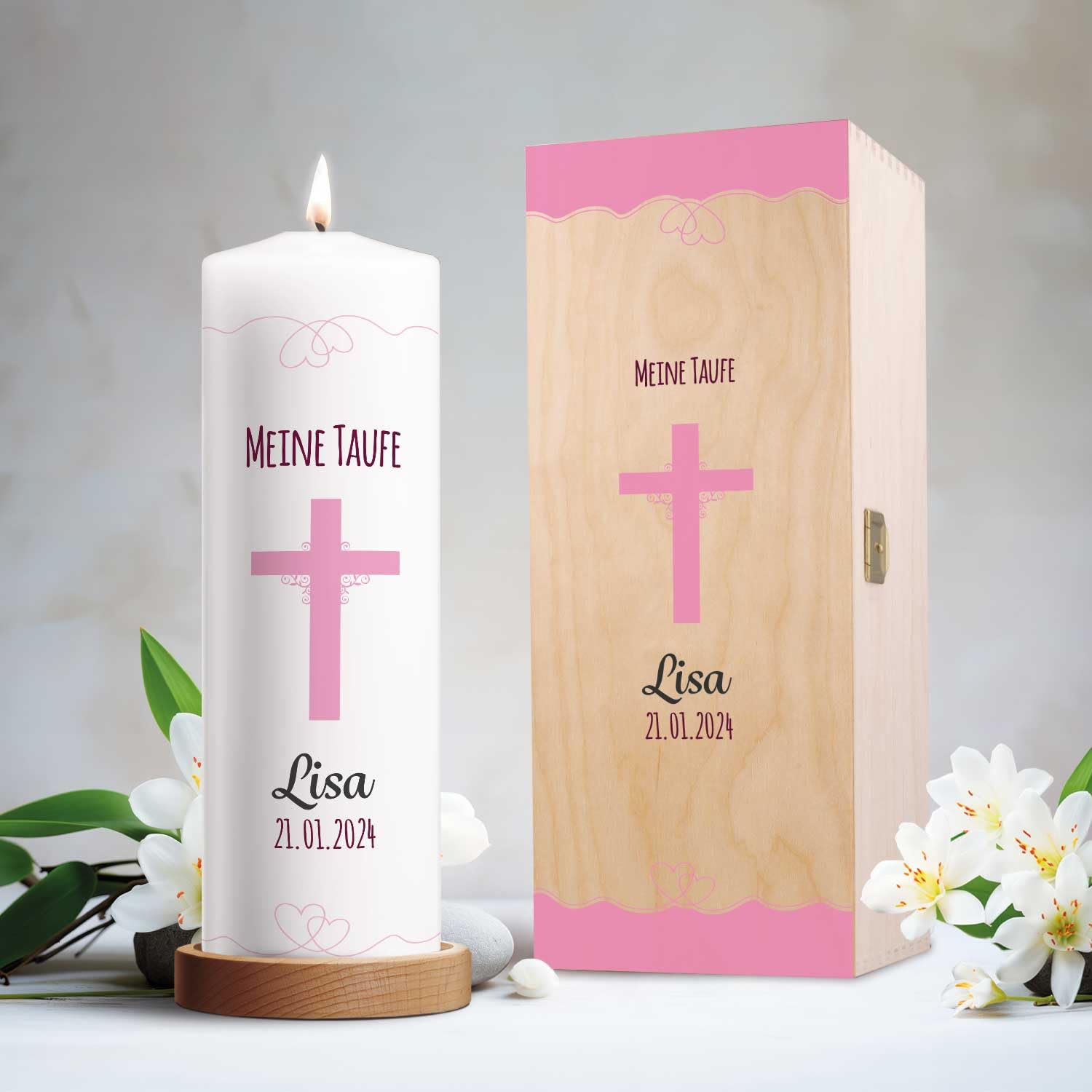 GRAVURZEILE Candela per battesimo a forma di croce con nome, data e battesimo – Candela di alta qualità 250/80 mm stampata brillante – regalo di battesimo personalizzato per ragazze e ragazzi – colore