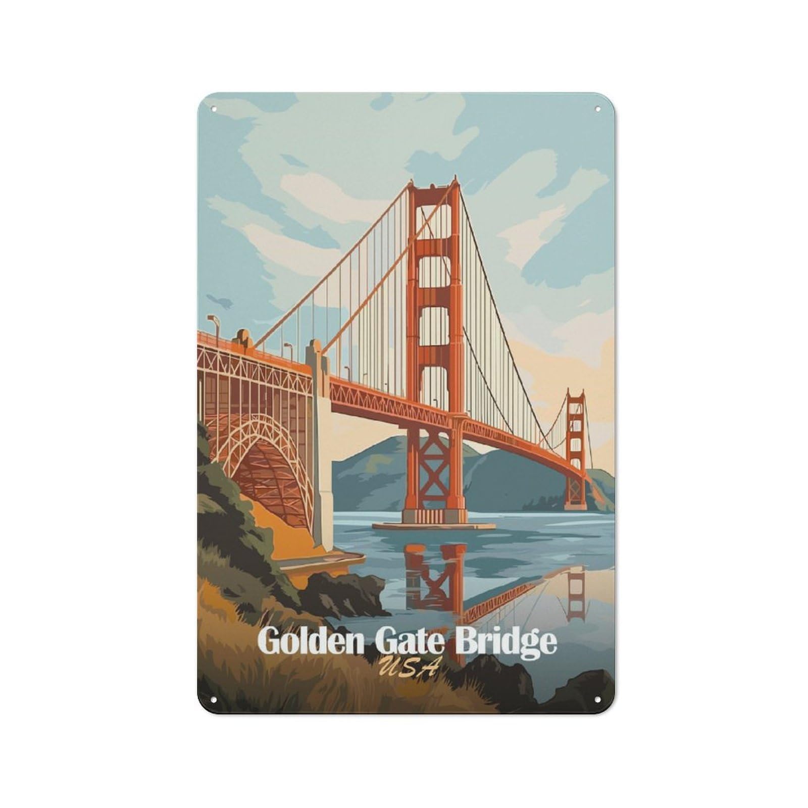 Junmoney Style-10 Tin Wall Plaque 30X20cm With Golden Gate Bridge For Hallway Wall, Suited To Hallway Decor Lovers, For Retro Home Interiors