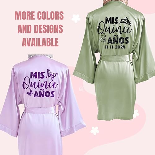 Miniatura 2 de Personalized Quinceañera Satin Robe, Mis Quince Dress Robe, Mis Quince Robe with Rose, Butterfly, Tiara, Crown for Girls, Customized Glitter Mis 15