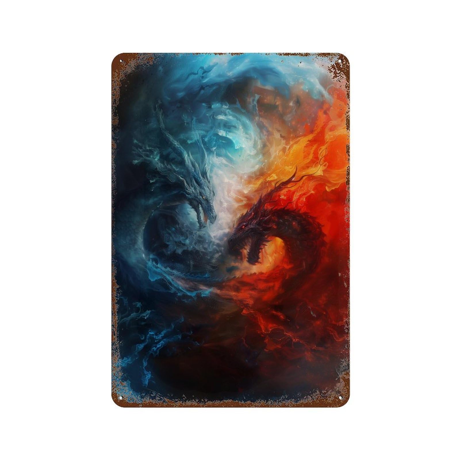 Fire Vs Ice Dragons Artwork Rust Effect Tin Sign 11.8"x7.9", Vintage Wall Decor for Bistro, Counter And Cafe Decor