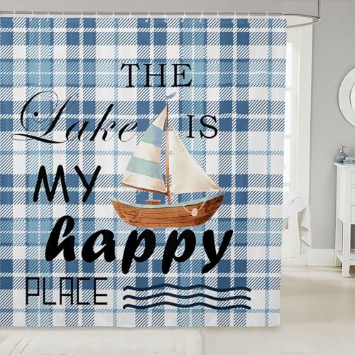 Homewish Rideau Douche 180x180cm Maison de lac Rideaux de Douche Bateau à Voile Rideau de Baignoire Maison de Lac Rustique Rideaux Salle de Bain Motif...