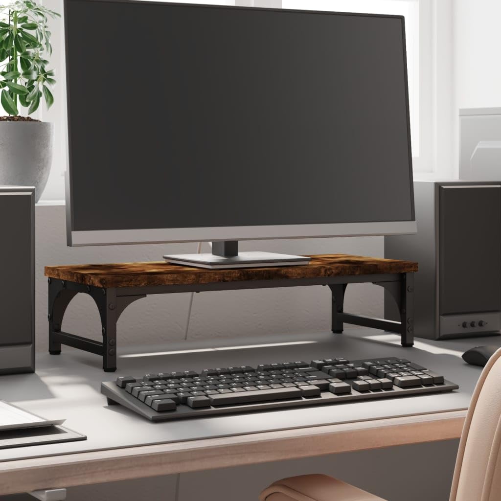 Supporto per monitor in rovere affumicato, in legno e metallo, 55 x 23 x 14 cm, regolabile in altezza con gambe regolabili, ergonomico per home office, ufficio, gaming, posto di lavoro