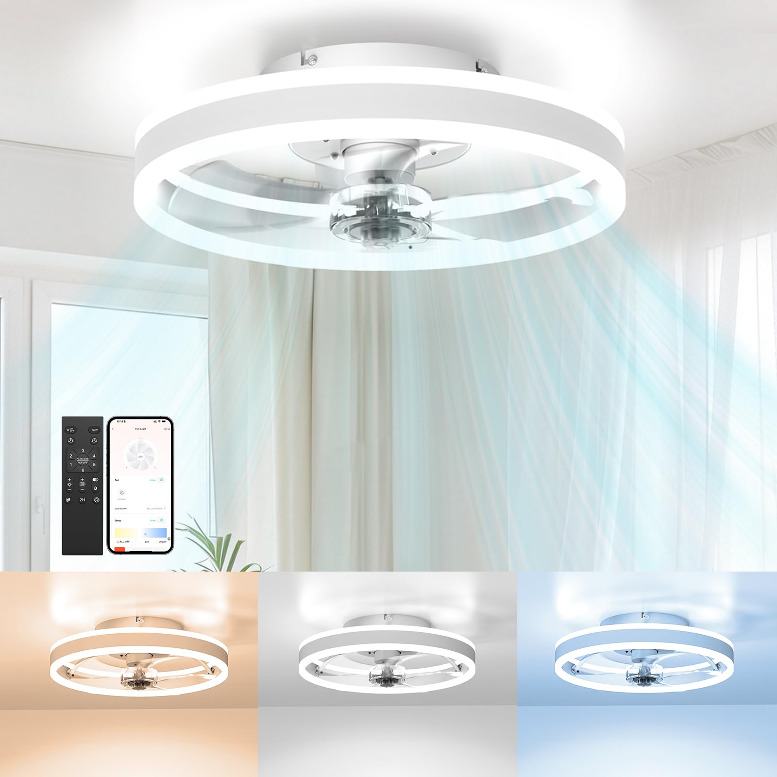 50cm Ventilador de Techo con Luz,Control Remoto y APP, 3 Temperaturas de Color, 6 Velocidades, Silencioso, Rotación Inversa,Ideal para Cocina, Sala, Dormitorio