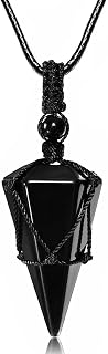 TopPlaza Black Obsidian Healing Crystal Pendant Necklace for Men Women - Adjustable 6-Facet Reiki Energy Stone Jewelry