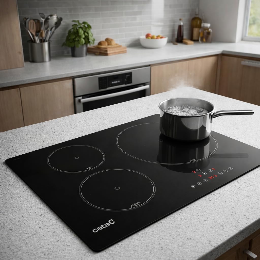 CATA Placa de Inducción IB 5003 BK, 60cm, 3 Zonas de Cocción, Control táctil, Avisador acústico, 9 niveles de Potencia + Booster, Temporizador, Color Negro