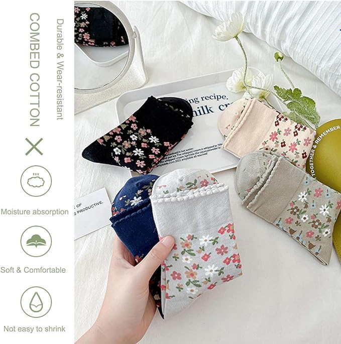 Image of HOMSSEM Floral Crew Socks - 5Pair Flower Graphic Soft Cotton Socks for Women, Teen Girls - for Sandals, - Cute Vibrant Colors
