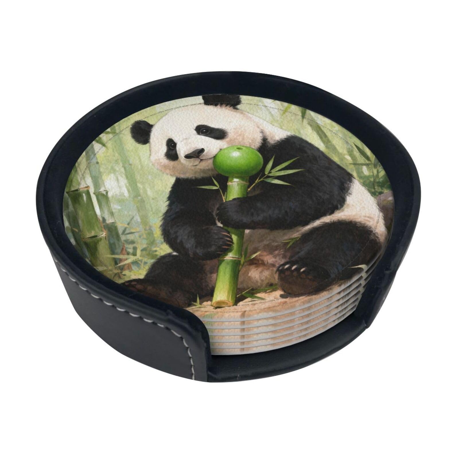 Cntdbu White Panda Eat Bamboo Leather Coasters Set Of 6-Pu Leather Drink Mats For Table, Heat Resistant Round Coasters With Holder