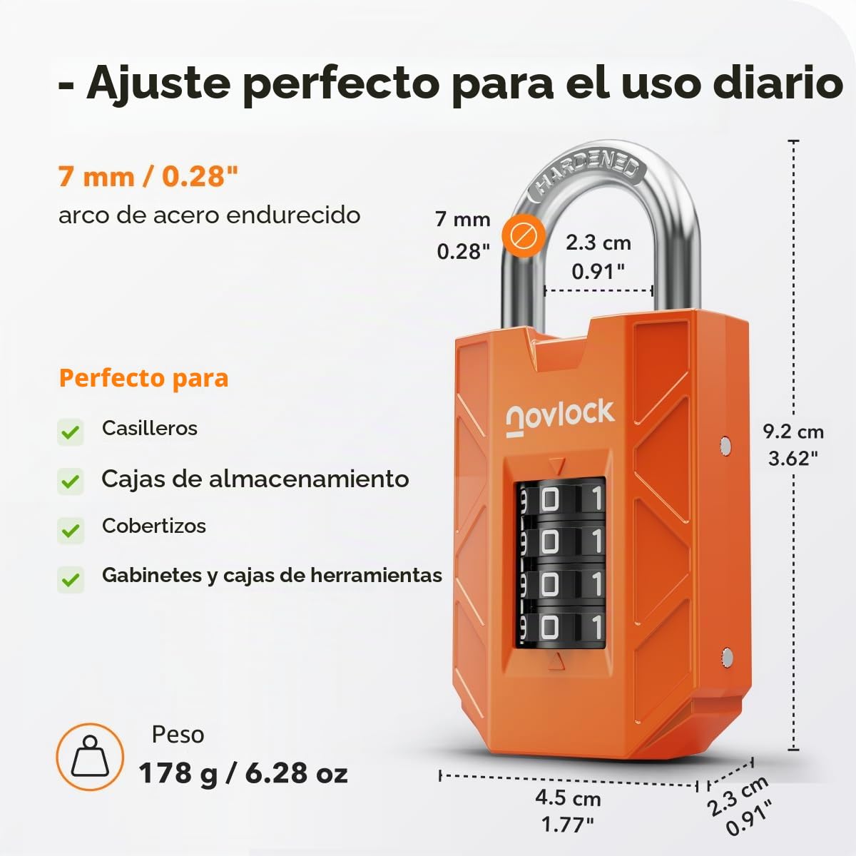 Candado de combinación de 4 dígitos – resistente y seguro – arco de acero templado de 7 mm – para taquillas, armarios, portones, vallas y cobertizos – 1 unidad, naranja