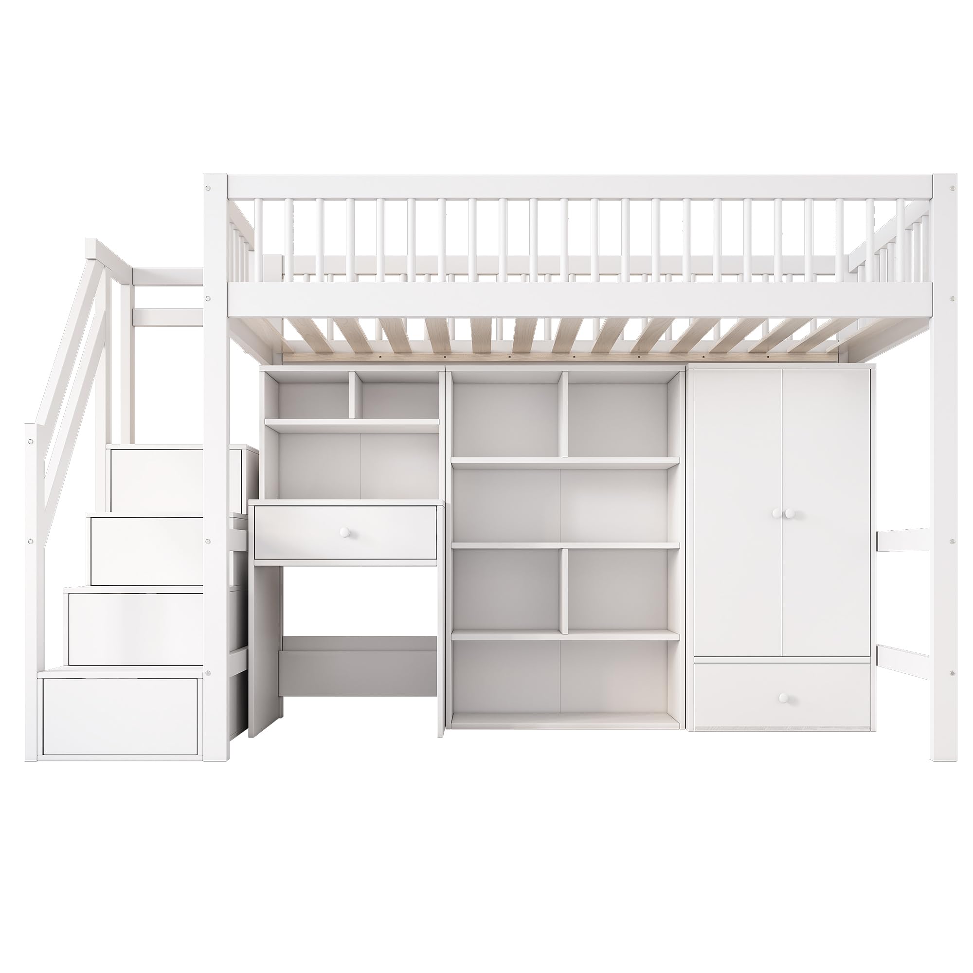 Merax Hoogslaper 90 x 200 cm met kledingkast, multifunctioneel kinderbed met opbergruimte, trap, houtkleur en wit (zonder matras