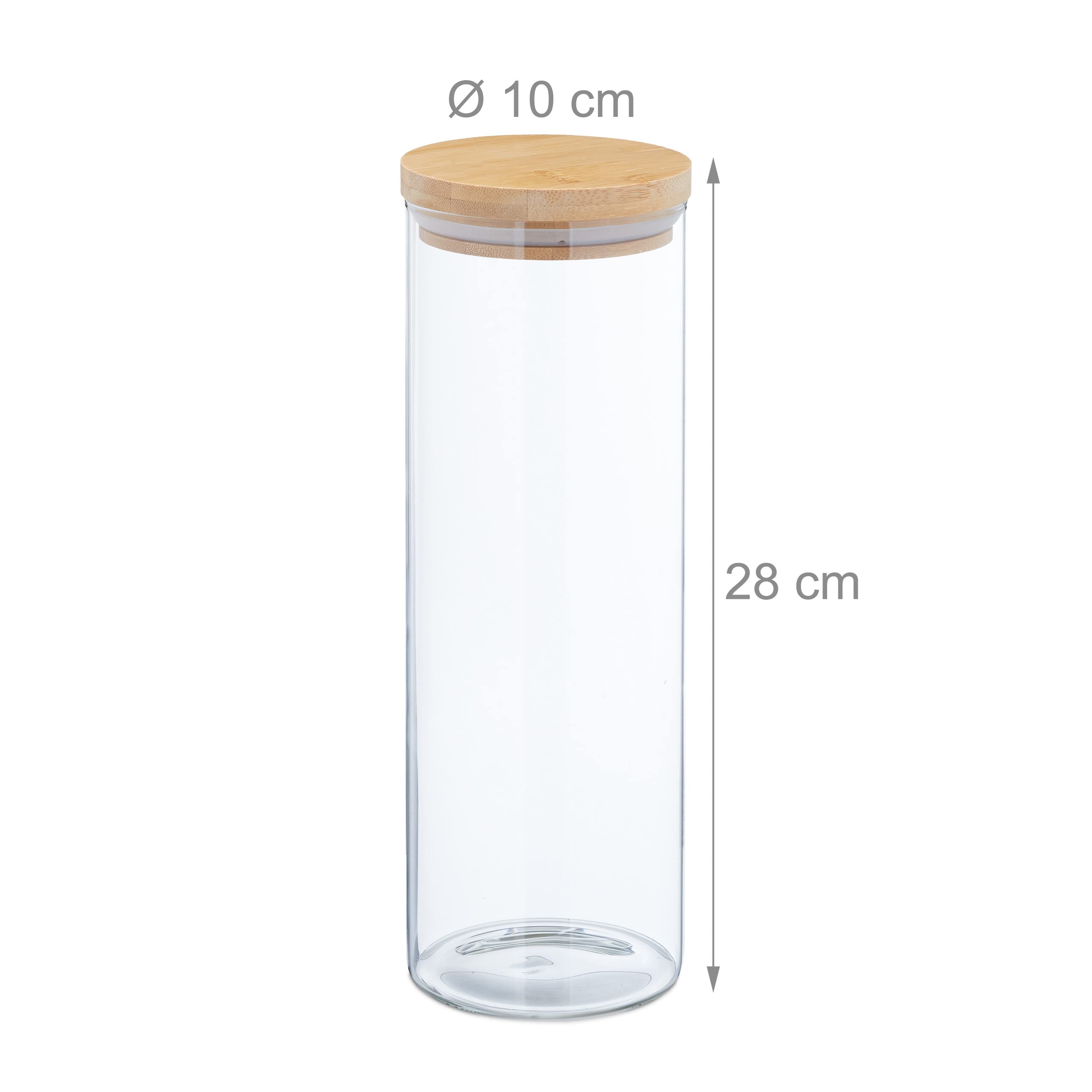 Relaxdays Botes Cristal 1600 ml, Set 4, Recipientes Cocina Grandes, Tapa Bambú, Tarros Herméticos, Transparente/Natural